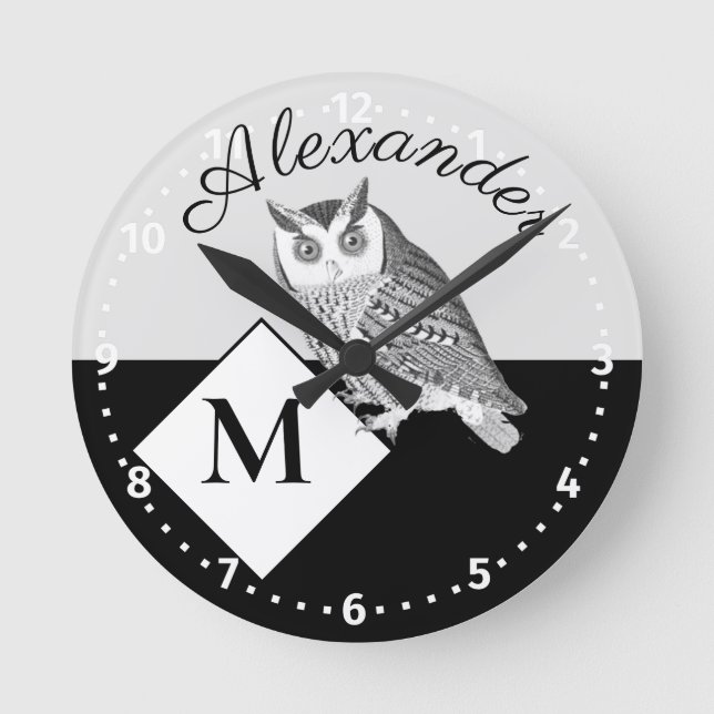 Black and White Owl Gray Monogram name  Round Clock (Front)