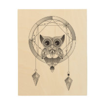 Black and white owl in dreamcatcher wood art