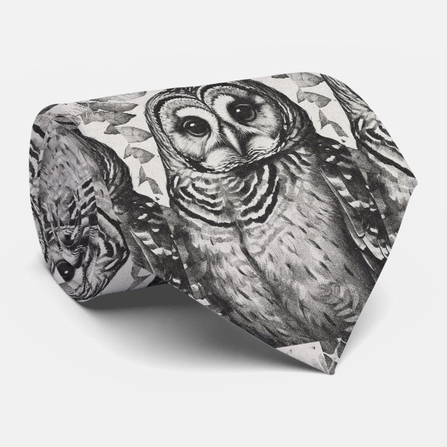 Black and White Owl Pattern Neck Tie (Rolled)