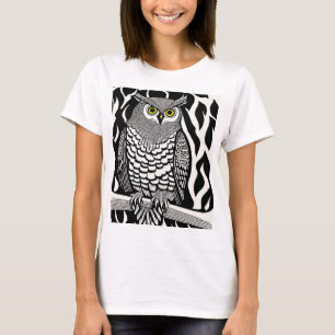 Black and White Owl with Yellow Eyes T-Shirt