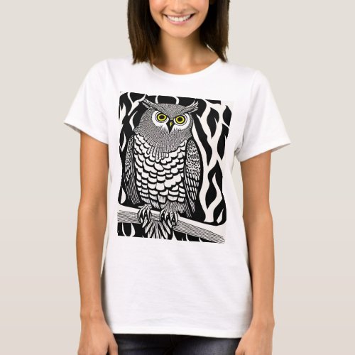 Black and White Owl with Yellow Eyes T_Shirt