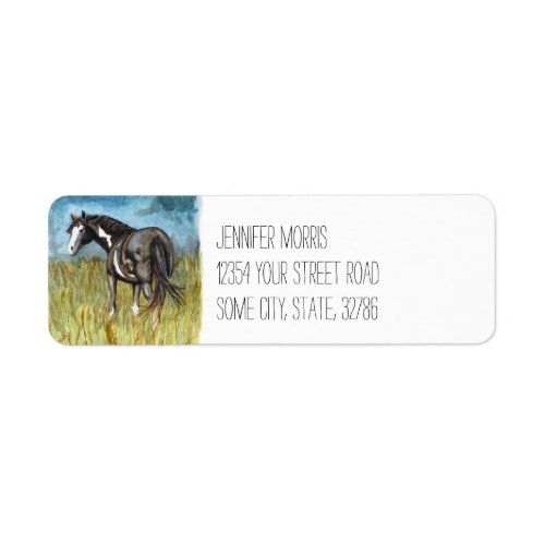 Black and White Paint Horse Watercolor Art Label