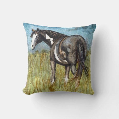 Black and White Paint Horse Watercolor Art Throw Pillow
