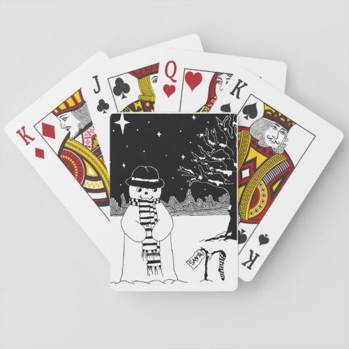 black and white painting of cute snowman Christmas Poker Cards