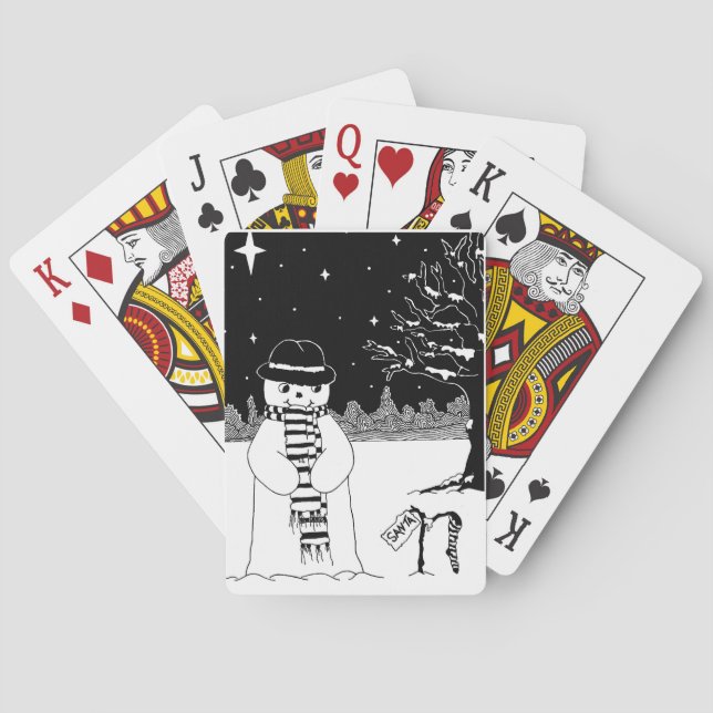 black and white painting of cute snowman Christmas Poker Cards (Back)