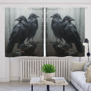 Black and White Pair of Crows/Ravens Curtains