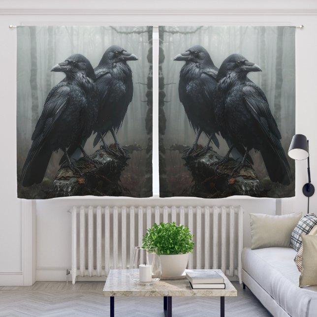 Black and White Pair of Crows/Ravens Curtains (Living Room)