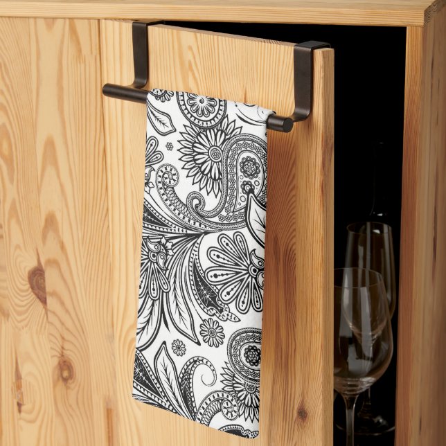 Black and white paislely kitchen towel (Thirds Fold)