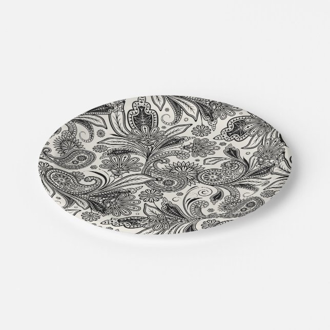 Black and white paislely  paper plates (Angled)