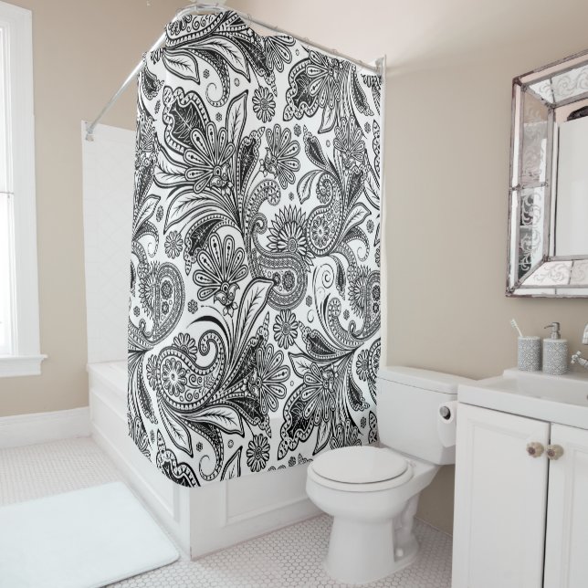 Black and white paislely  shower curtain (In Situ)