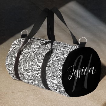 Black And White Paisley Inked Art Custom Name Duffle Bag by Mylittleeden at Zazzle