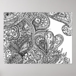 Black and White Paisley-Inspired Doodle Art Poster