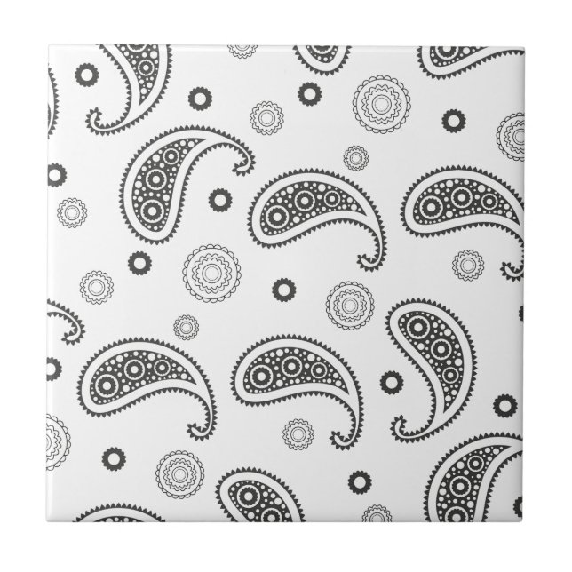 Black and White Paisley Pattern Ceramic Tile (Front)
