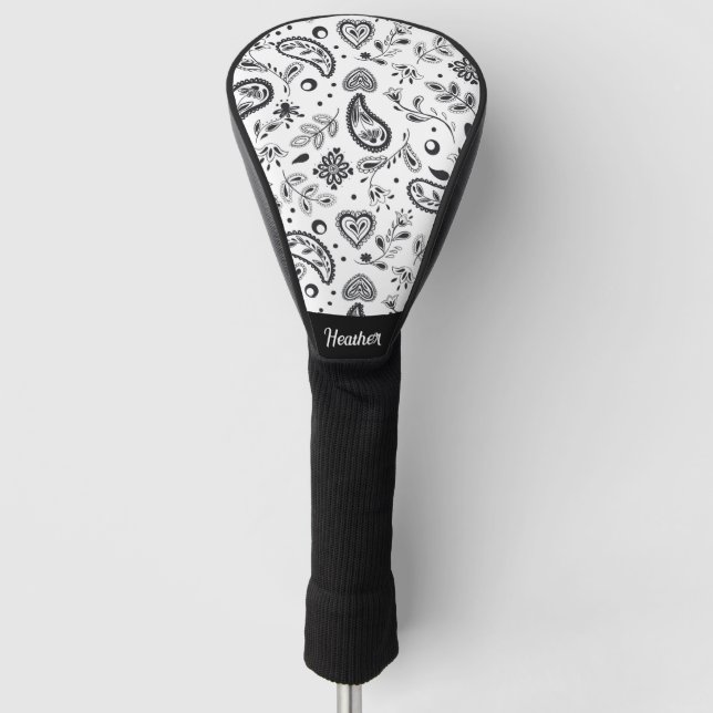 Black and White Paisley Pattern Golf Head Cover (Front)
