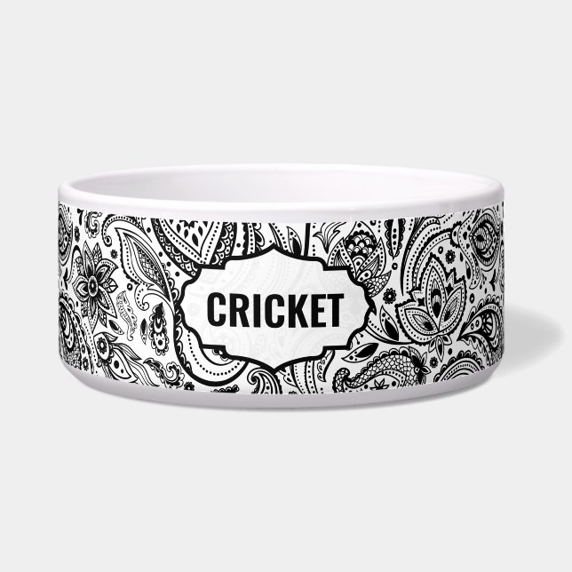 Black and white Paisley Pattern Monogram Bowl (Front)