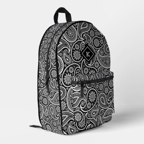 Black and white paisley pattern monogram printed backpack