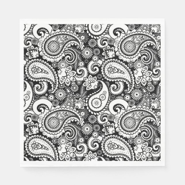 Black and White Paisley Pattern Napkins (Front)