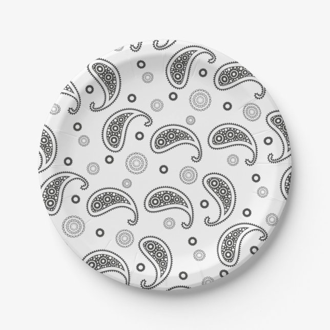 Black and White Paisley Pattern Paper Plates (Front)