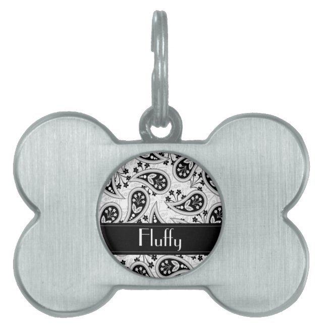 Black and White Paisley Pattern Pet Name Tag (Front)