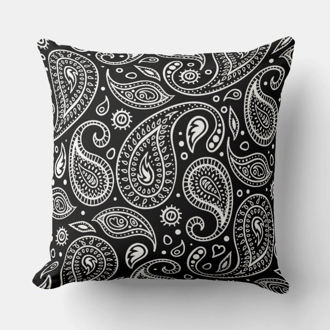 Black and white paisley pattern throw pillow (Front)