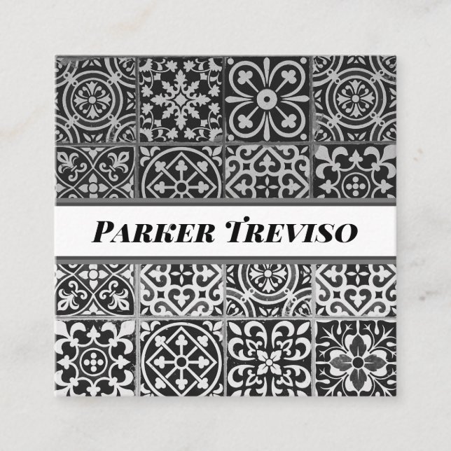 Black and White Paisley Patterned Tile Square Business Card (Front)