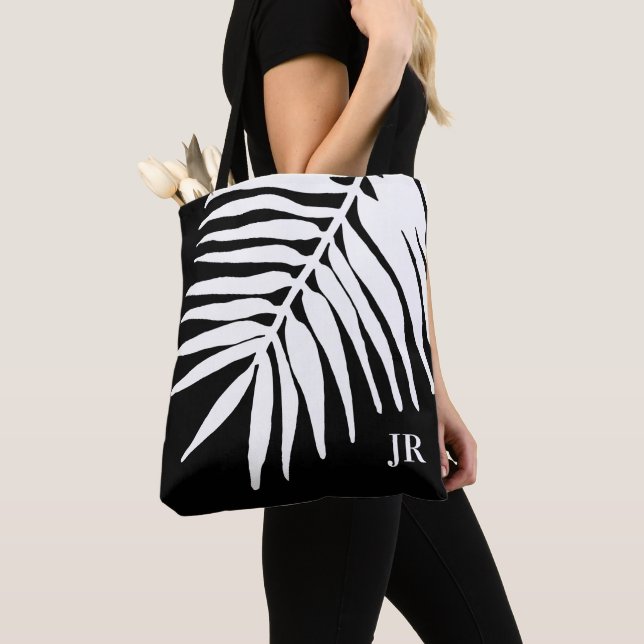 Black and White Palm Leaf Monogram Tote Bag (Close Up)
