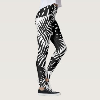 Black and white palm leafs, tropical nature theme leggings