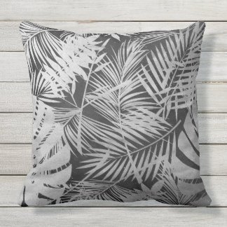 Black and white palm leaves outdoor pillow
