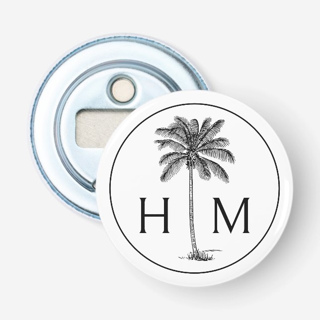 Black and White Palm Palmetto Tree Monogram Bottle Opener (Front)