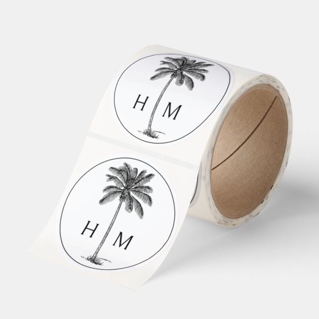 Black and White Palm Palmetto Tree Monogram Classic Round Sticker (Roll)