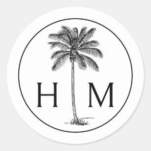 Black and White Palm Palmetto Tree Monogram Classic Round Sticker