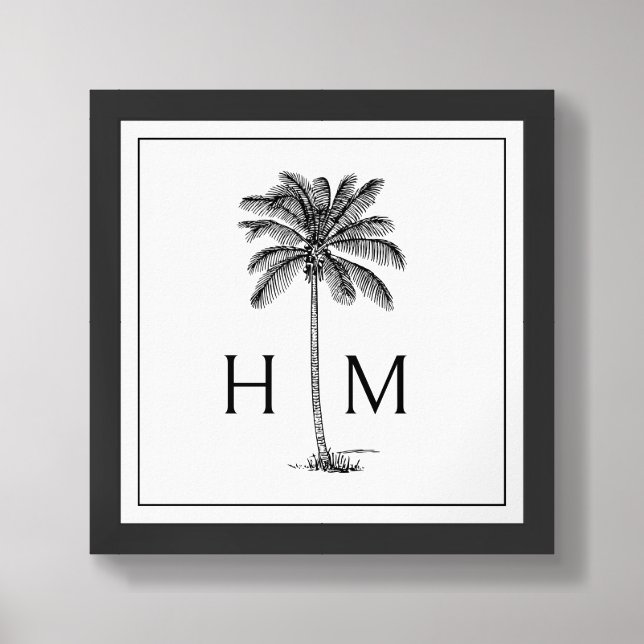 Black and White Palm Palmetto Tree Monogram Framed Art (Framed Front)