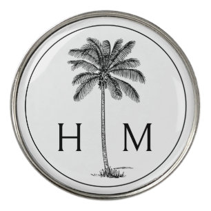 Black and White Palm Palmetto Tree Monogram Golf Ball Marker