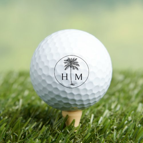 Black and White Palm Palmetto Tree Monogram Golf Balls