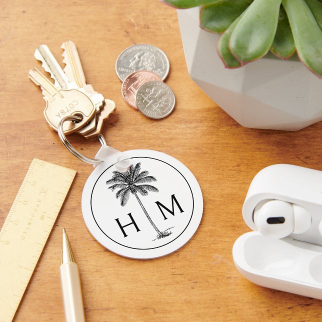 Black and White Palm Palmetto Tree Monogram Keychain (Desk)