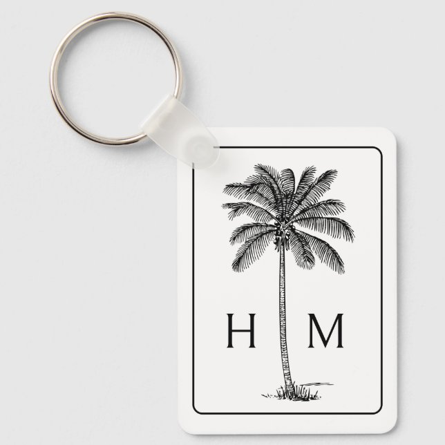 Black and White Palm Palmetto Tree Monogram Keychain (Front)