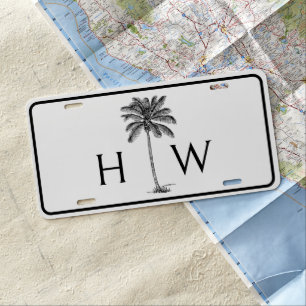 Black and White Palm Palmetto Tree Monogram License Plate