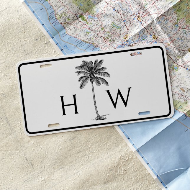 Black and White Palm Palmetto Tree Monogram License Plate (In Situ)