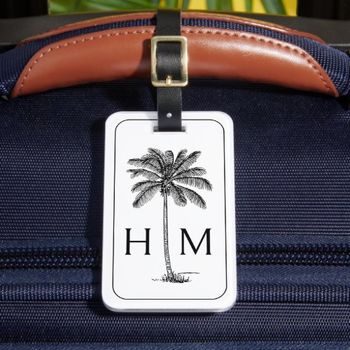 Black and White Palm Palmetto Tree Monogram Luggage Tag