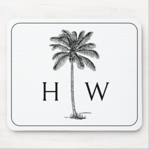 Black and White Palm Palmetto Tree Monogram Mouse Pad