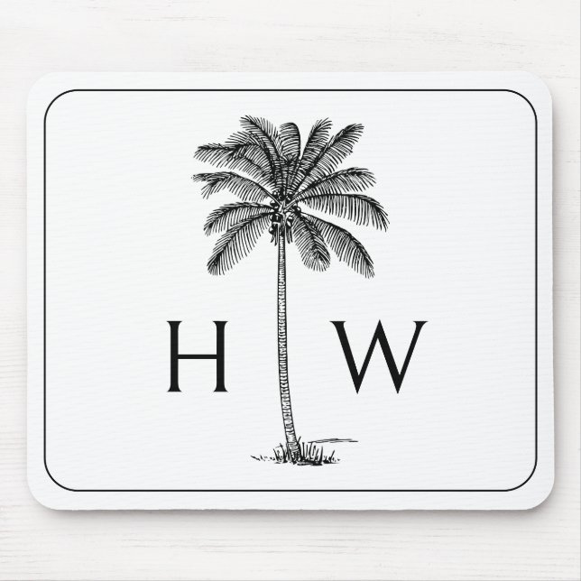 Black and White Palm Palmetto Tree Monogram Mouse Pad (Front)
