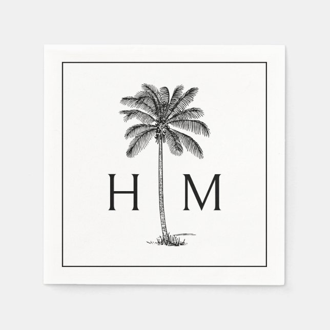 Black and White Palm Palmetto Tree Monogram Napkins (Front)