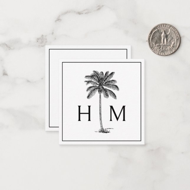 Black and White Palm Palmetto Tree Monogram Note Card (Front/Back In Situ)