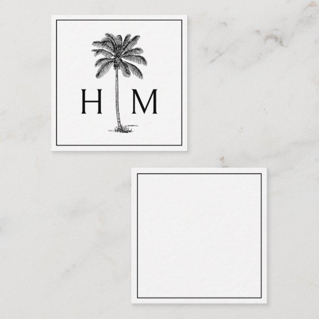 Black and White Palm Palmetto Tree Monogram Note Card (Front/Back)