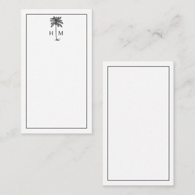 Black and White Palm Palmetto Tree Monogram Note Card (Front/Back)