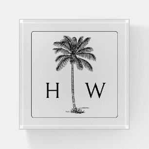 Black and White Palm Palmetto Tree Monogram Paperweight
