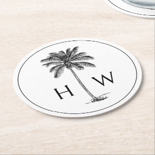 Black and White Palm Palmetto Tree Monogram Round Paper Coaster