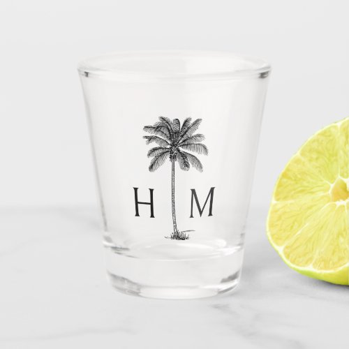 Black and White Palm Palmetto Tree Monogram Shot Glass