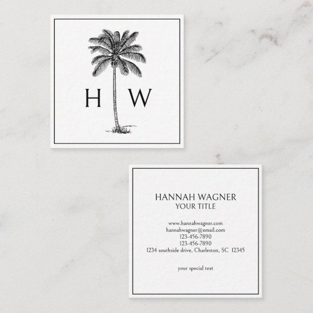 Black and White Palm Palmetto Tree Monogram Square Business Card (Front/Back)
