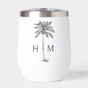 Black and White Palm Palmetto Tree Monogram Thermal Wine Tumbler